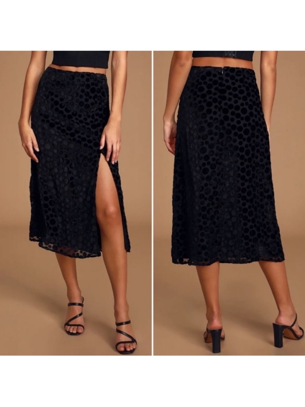 NWT LULUS There She Goes Black Velvet Polka Dot Midi Skirt M